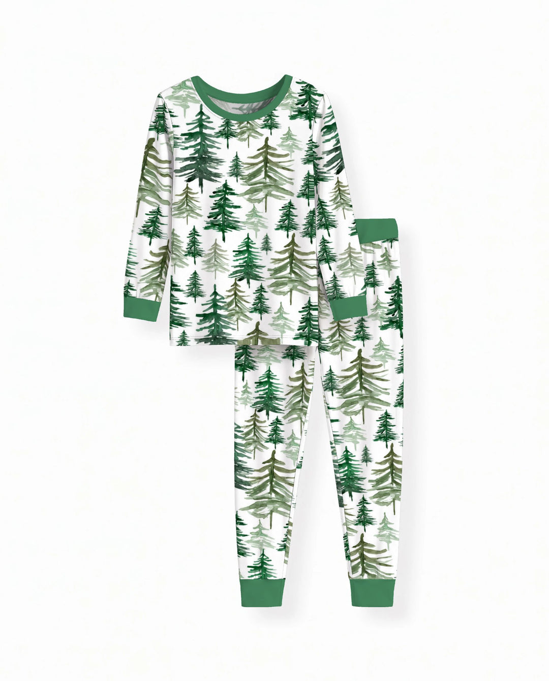 Watercolor Evergreen Pine Forest Bamboo Two Piece Long Sleeve Pajama Set
