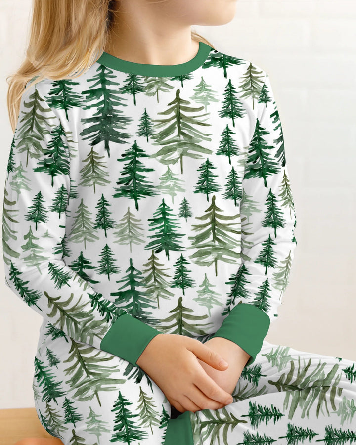Watercolor Evergreen Pine Forest Bamboo Two Piece Long Sleeve Pajama Set