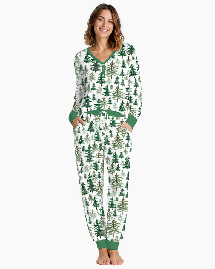 Watercolor Evergreen Pine Forest Bamboo Women Pajama Set
