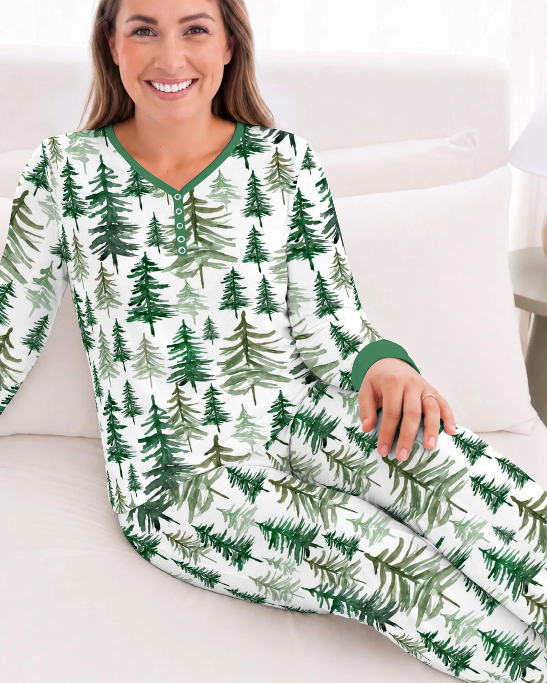 Watercolor Evergreen Pine Forest Bamboo Women Pajama Set