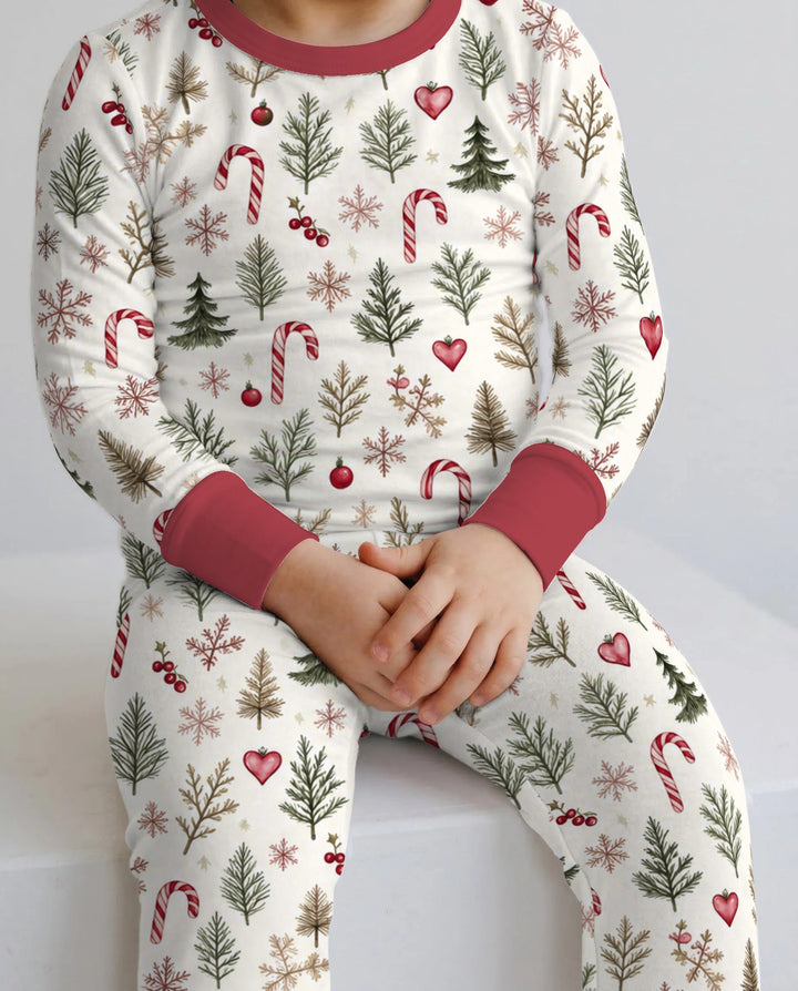 Rustic Christmas Evergreen & Candy Canes Bamboo Two Piece Long Sleeve Pajama Set
