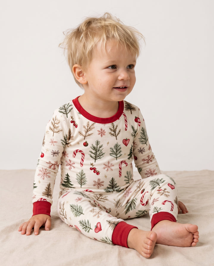 Rustic Christmas Evergreen & Candy Canes Bamboo Two Piece Long Sleeve Pajama Set