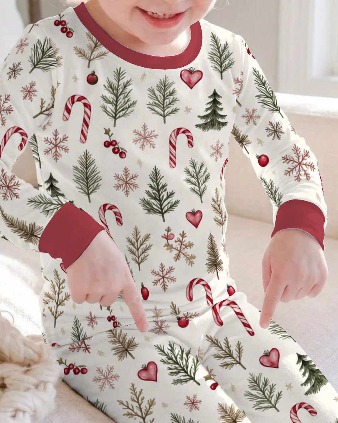 Rustic Christmas Evergreen & Candy Canes Bamboo Two Piece Long Sleeve Pajama Set