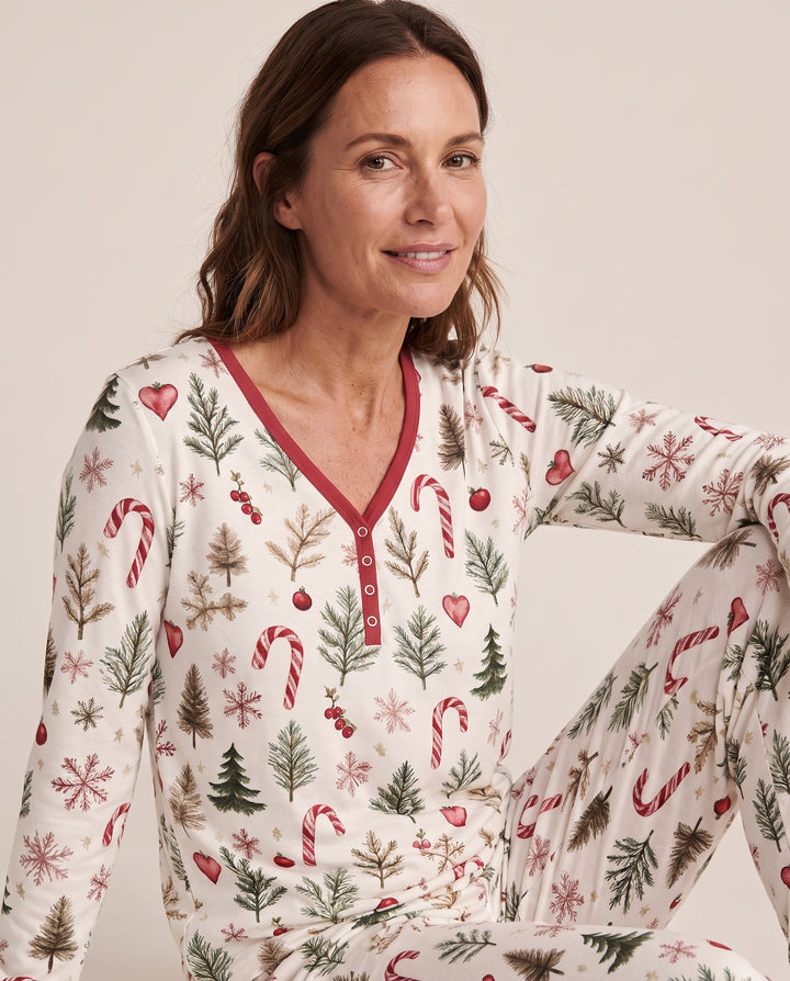 Rustic Christmas Evergreen & Candy Canes Bamboo Women Pajama Set