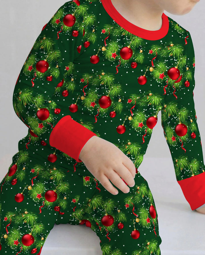 Classic Christmas Pine & Red Ornaments Bamboo Two Piece Long Sleeve Pajama Set