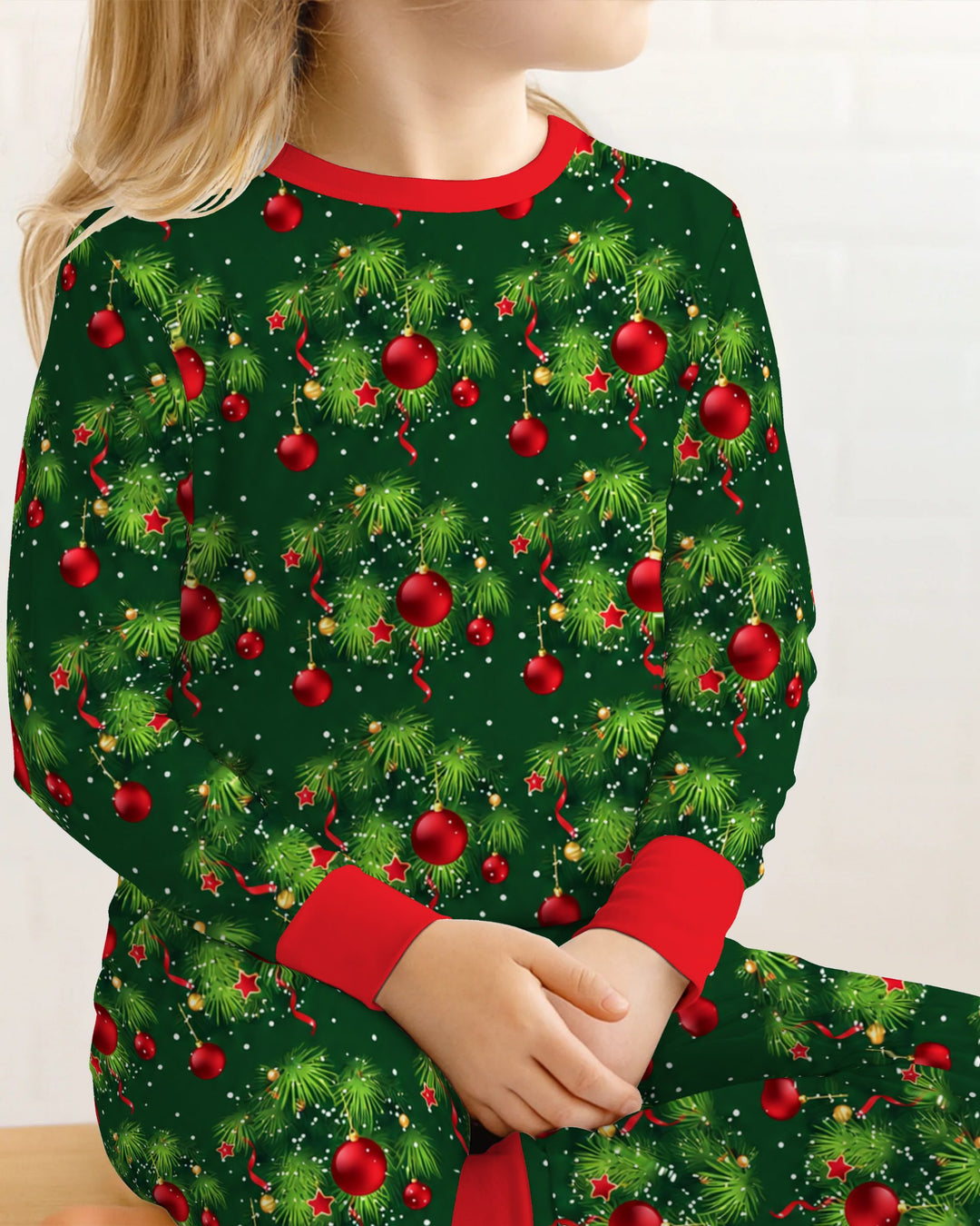 Classic Christmas Pine & Red Ornaments Bamboo Two Piece Long Sleeve Pajama Set