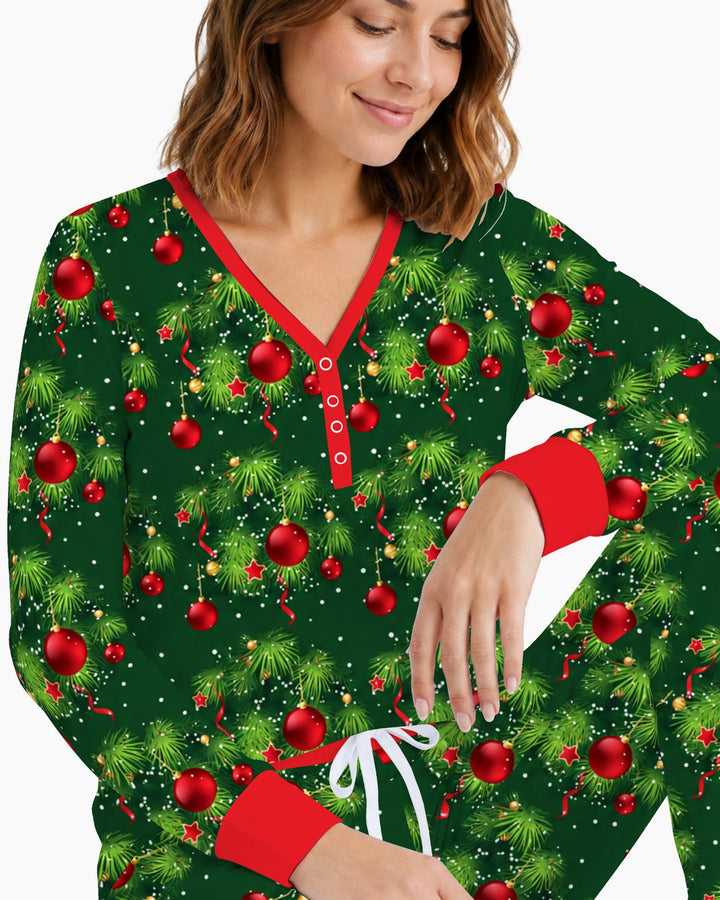 Classic Christmas Pine & Red Ornaments Bamboo Women Pajama Set