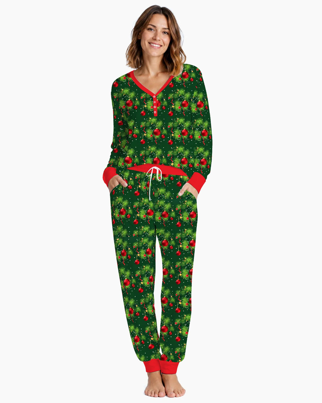 Classic Christmas Pine & Red Ornaments Bamboo Women Pajama Set