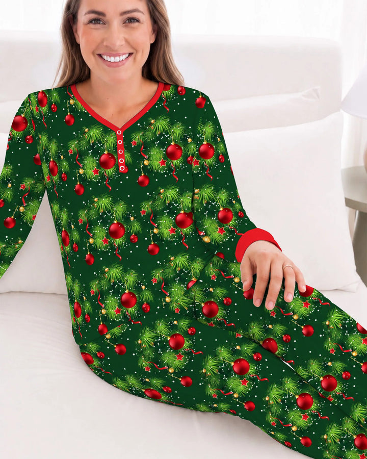 Classic Christmas Pine & Red Ornaments Bamboo Women Pajama Set