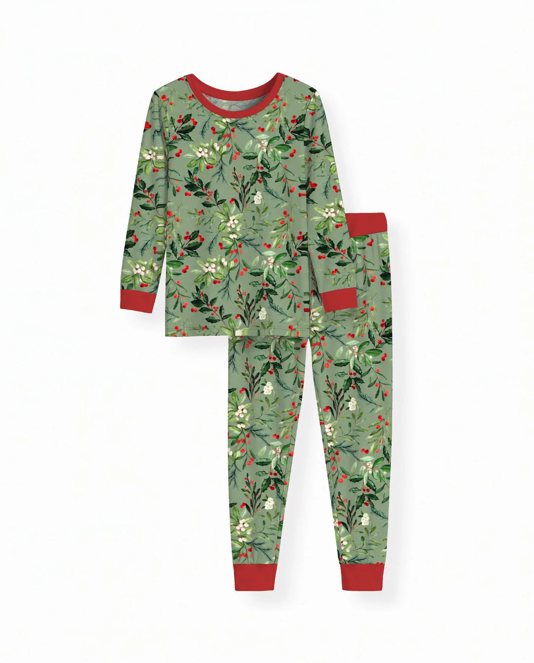 Vintage Christmas Holly & Mistletoe Botanical Bamboo Two Piece Long Sleeve Pajama Set