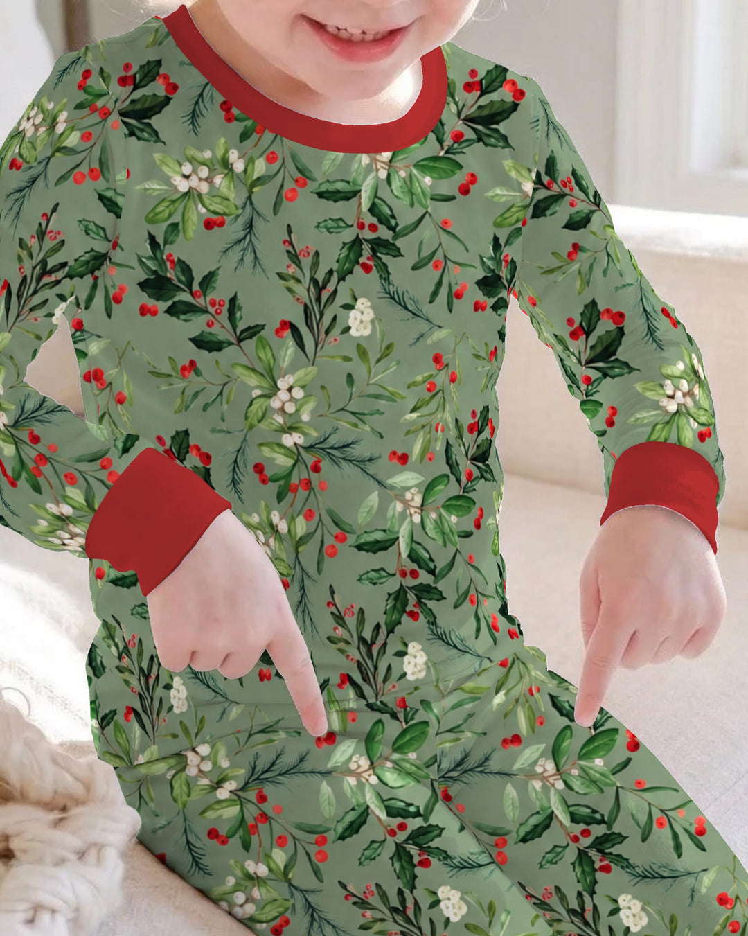 Vintage Christmas Holly & Mistletoe Botanical Bamboo Two Piece Long Sleeve Pajama Set