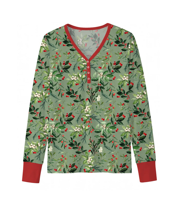 Vintage Christmas Holly & Mistletoe Botanical Bamboo Women Pajama Set