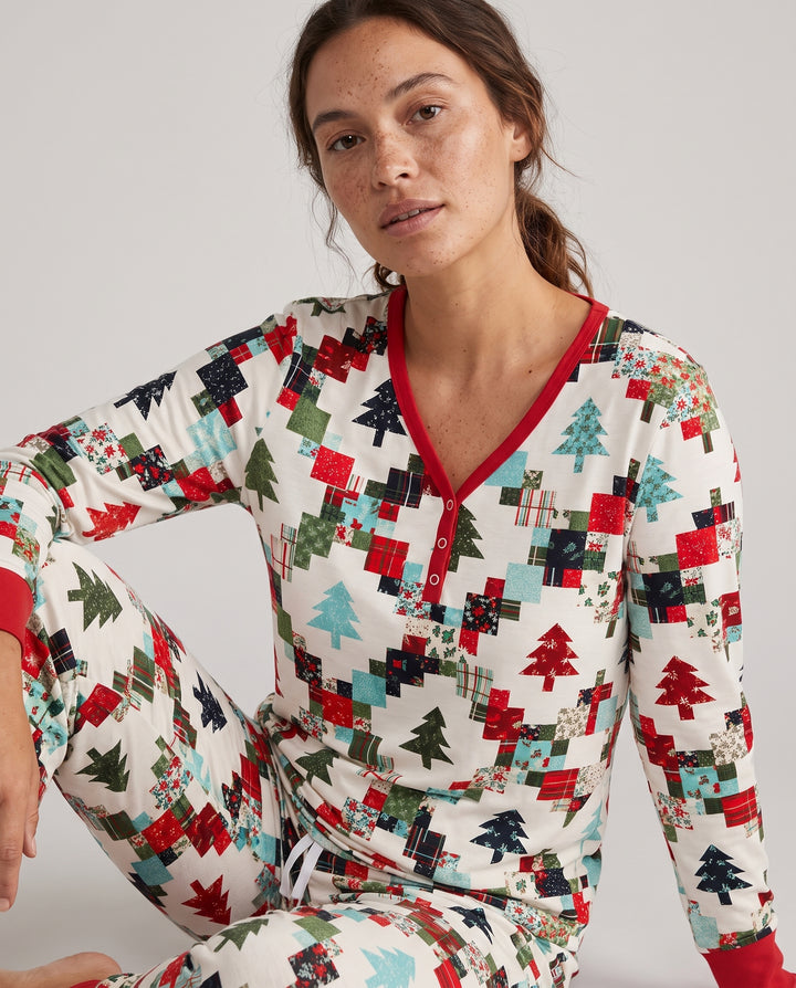 Christmas Patchwork Quilt & Trees Bamboo Women Pajama Set