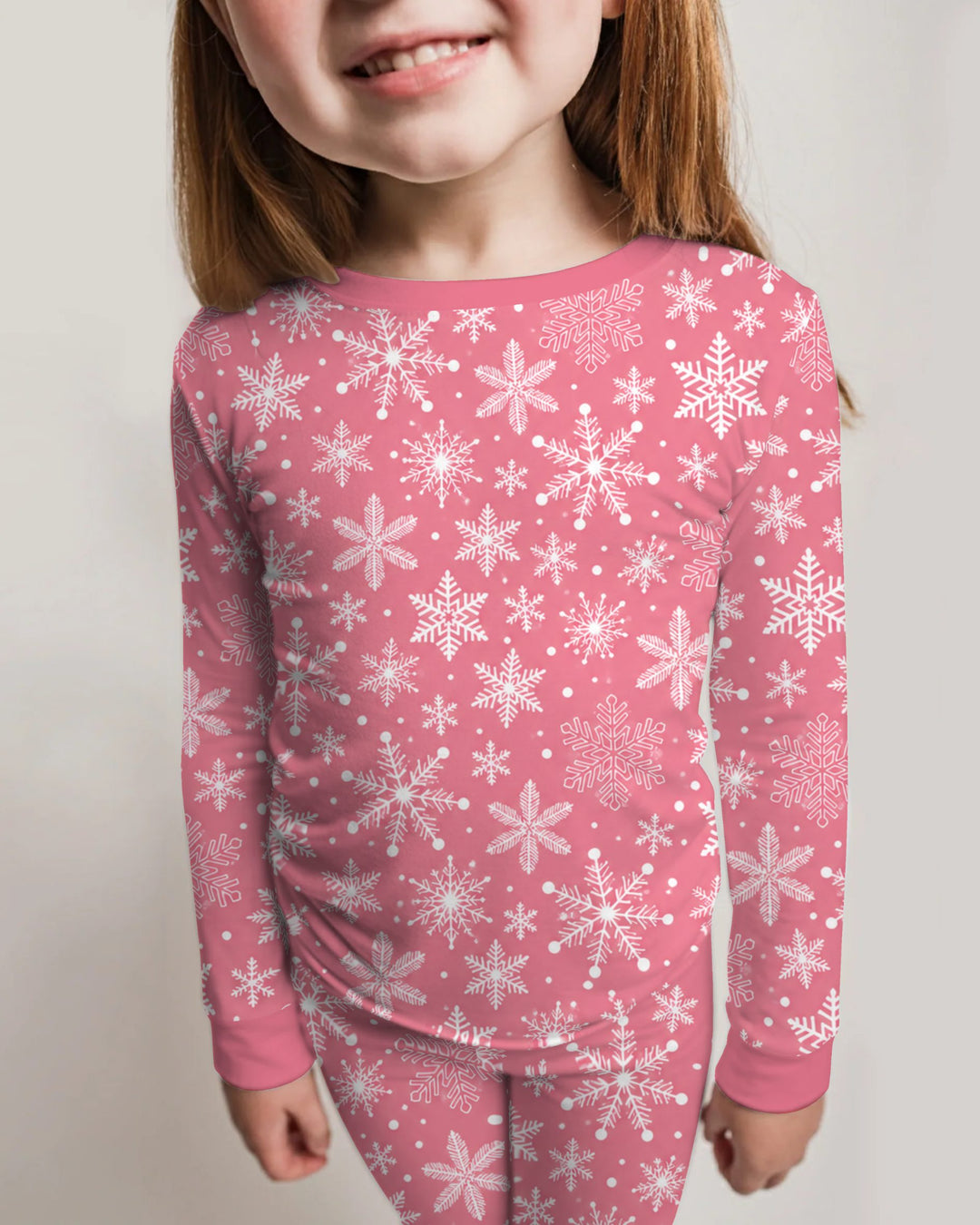 Pink and White Snowflake Toss Bamboo Two Piece Long Sleeve Pajama Set