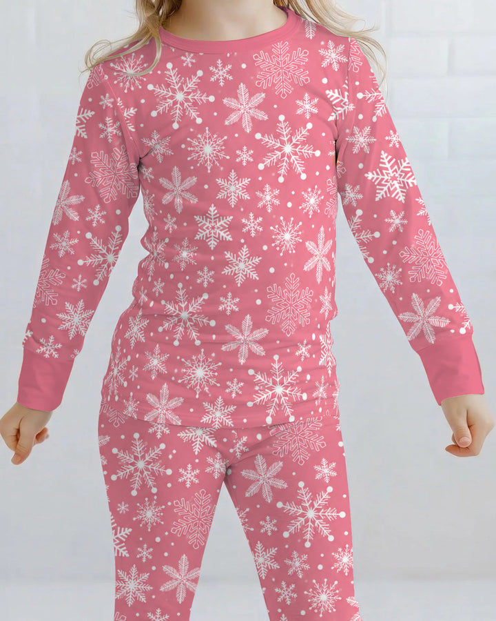 Pink and White Snowflake Toss Bamboo Two Piece Long Sleeve Pajama Set