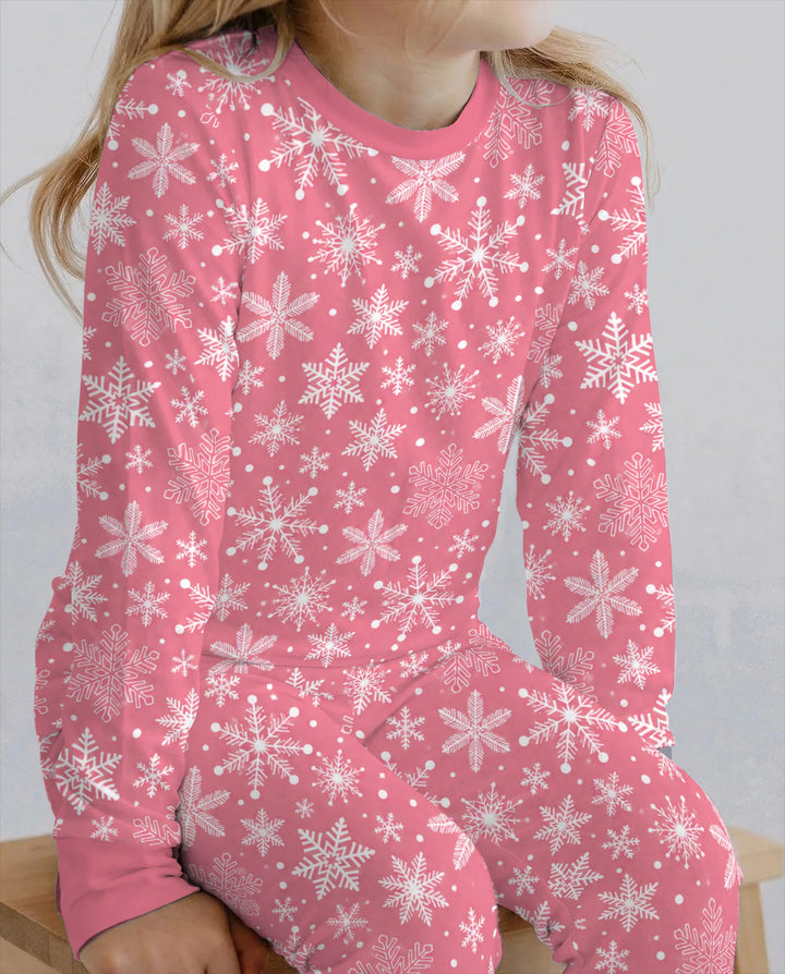 Pink and White Snowflake Toss Bamboo Two Piece Long Sleeve Pajama Set