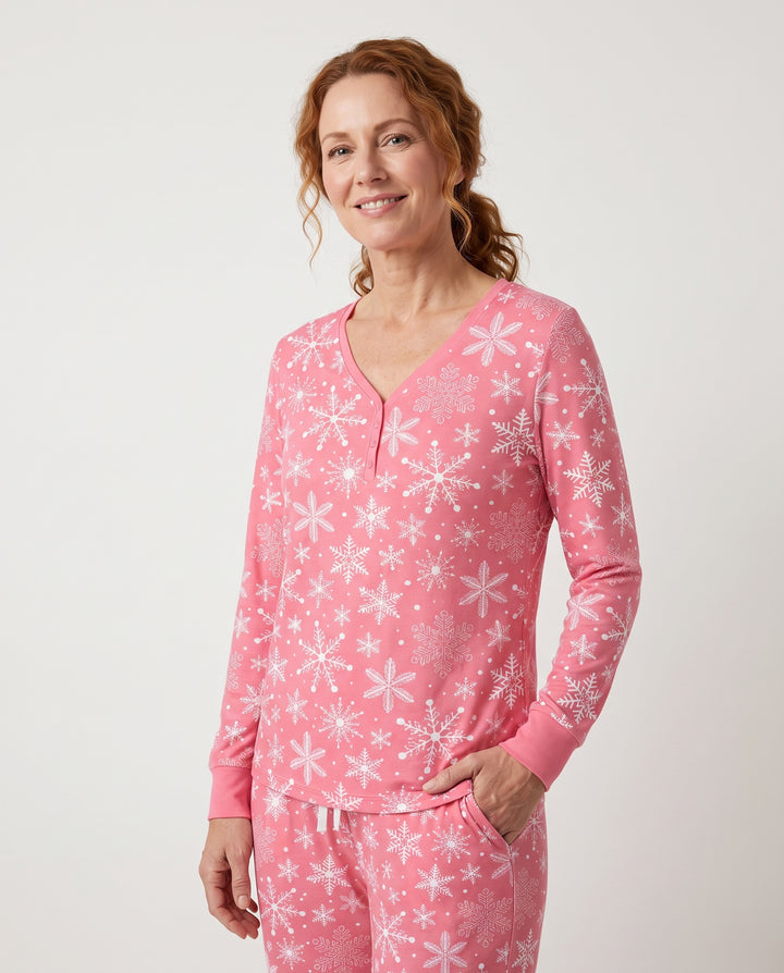 Pink and White Snowflake Toss Bamboo Women Pajama Set