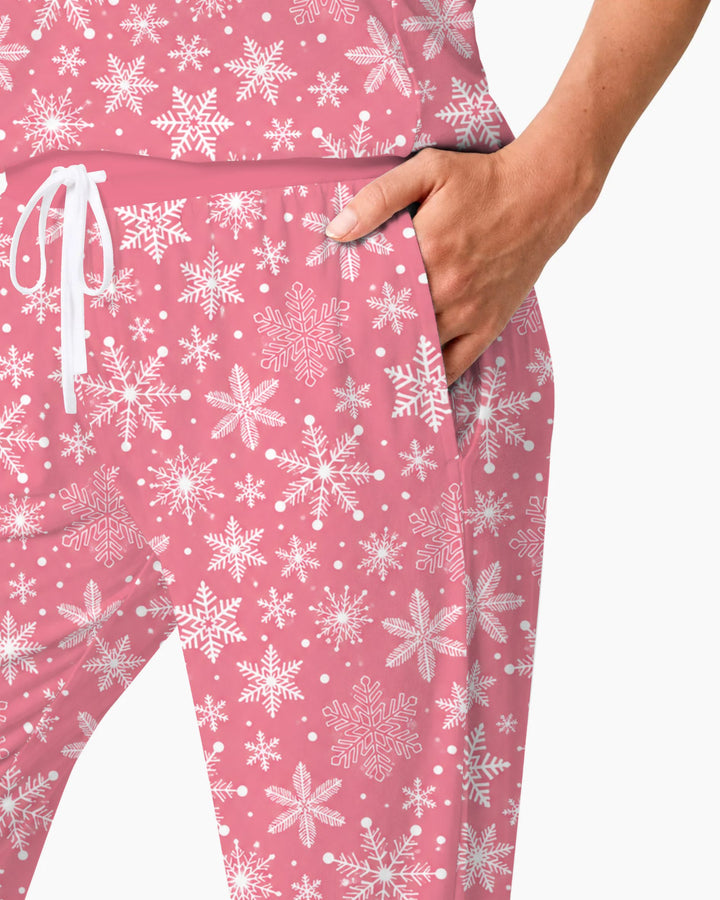 Pink and White Snowflake Toss Bamboo Women Pajama Set