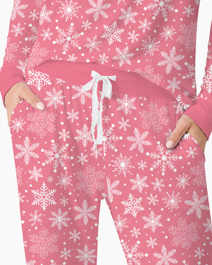 Pink and White Snowflake Toss Bamboo Women Pajama Set
