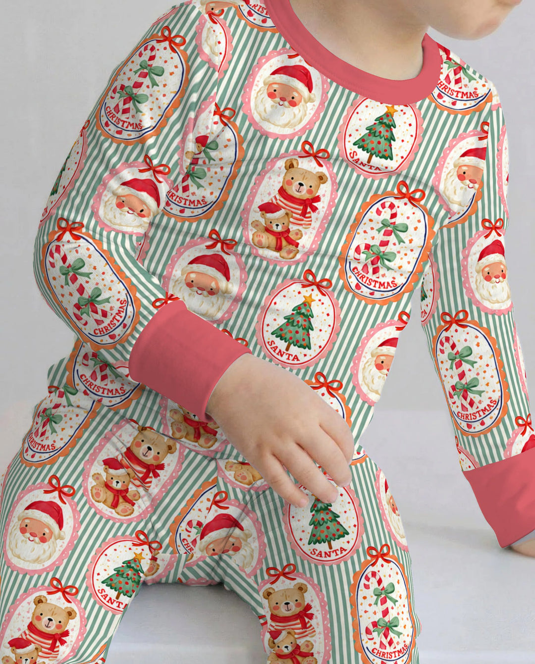 Vintage Santa Christmas Gift Tags Seamless Pattern Bamboo Two Piece Long Sleeve Pajama Set