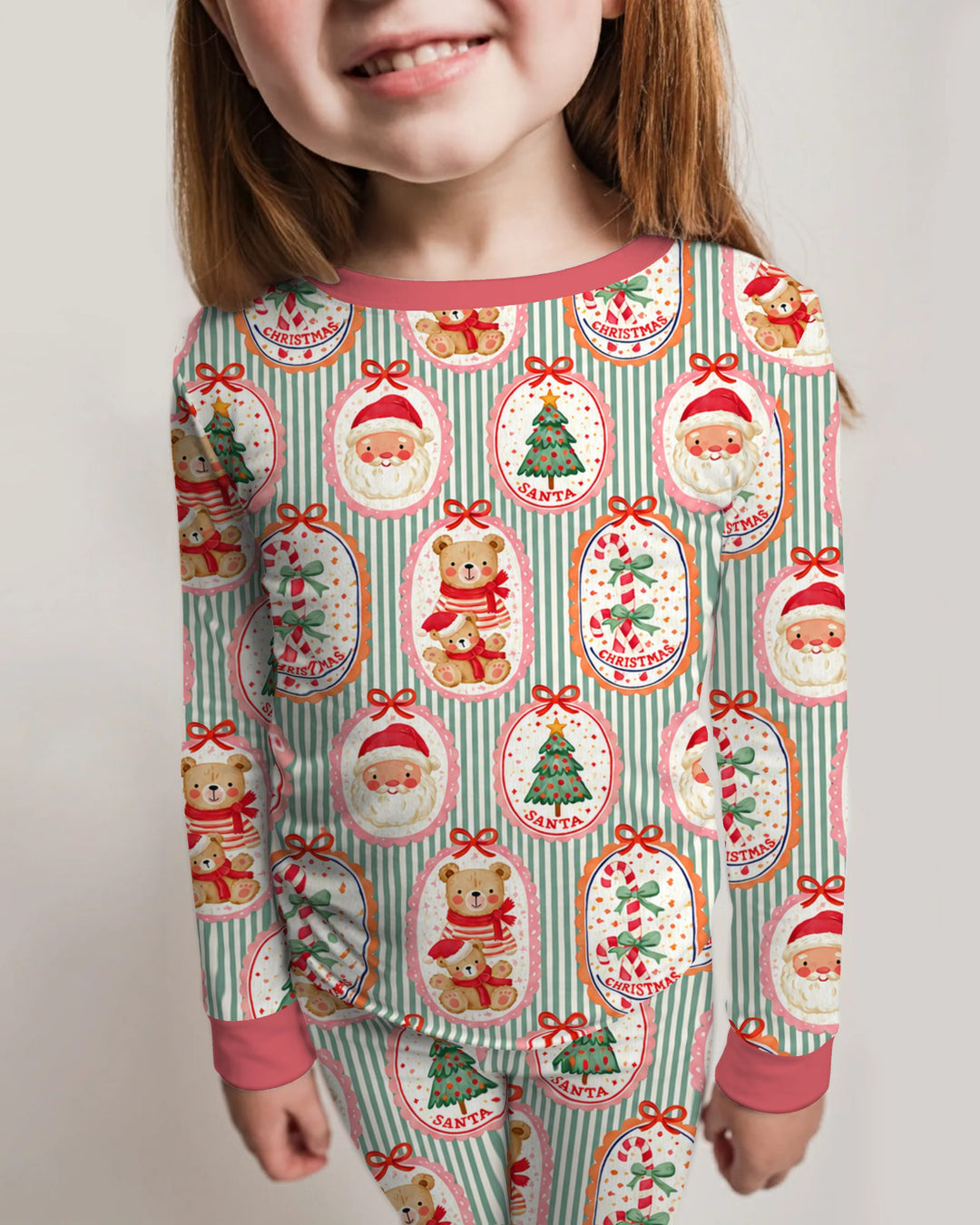 Vintage Santa Christmas Gift Tags Seamless Pattern Bamboo Two Piece Long Sleeve Pajama Set