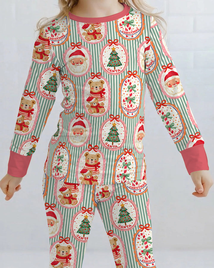 Vintage Santa Christmas Gift Tags Seamless Pattern Bamboo Two Piece Long Sleeve Pajama Set