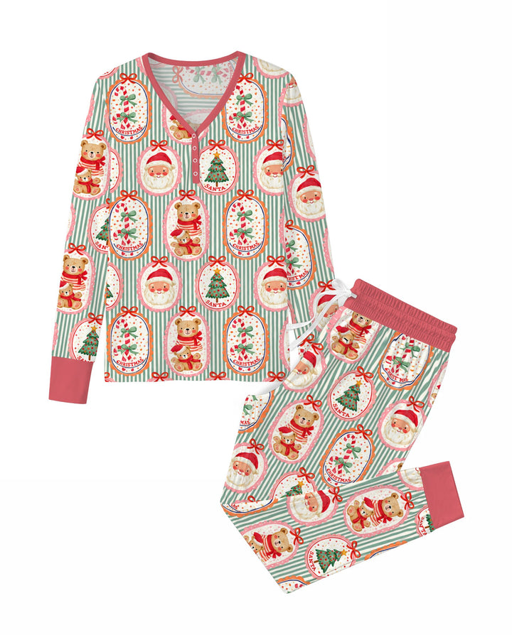 Vintage Santa Christmas Gift Tags Seamless Pattern Bamboo Women Pajama Set