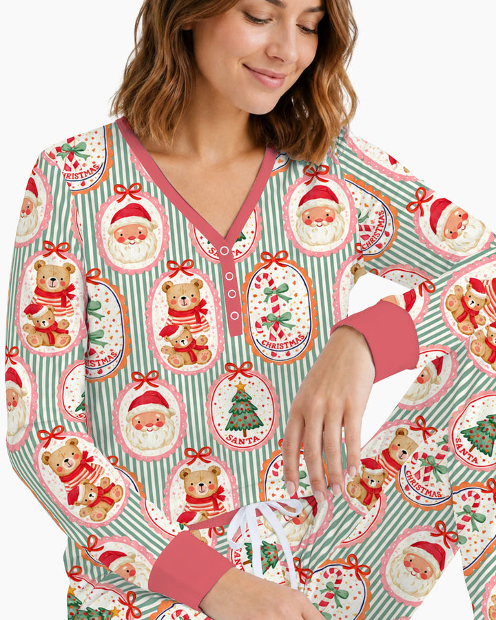 Vintage Santa Christmas Gift Tags Seamless Pattern Bamboo Women Pajama Set