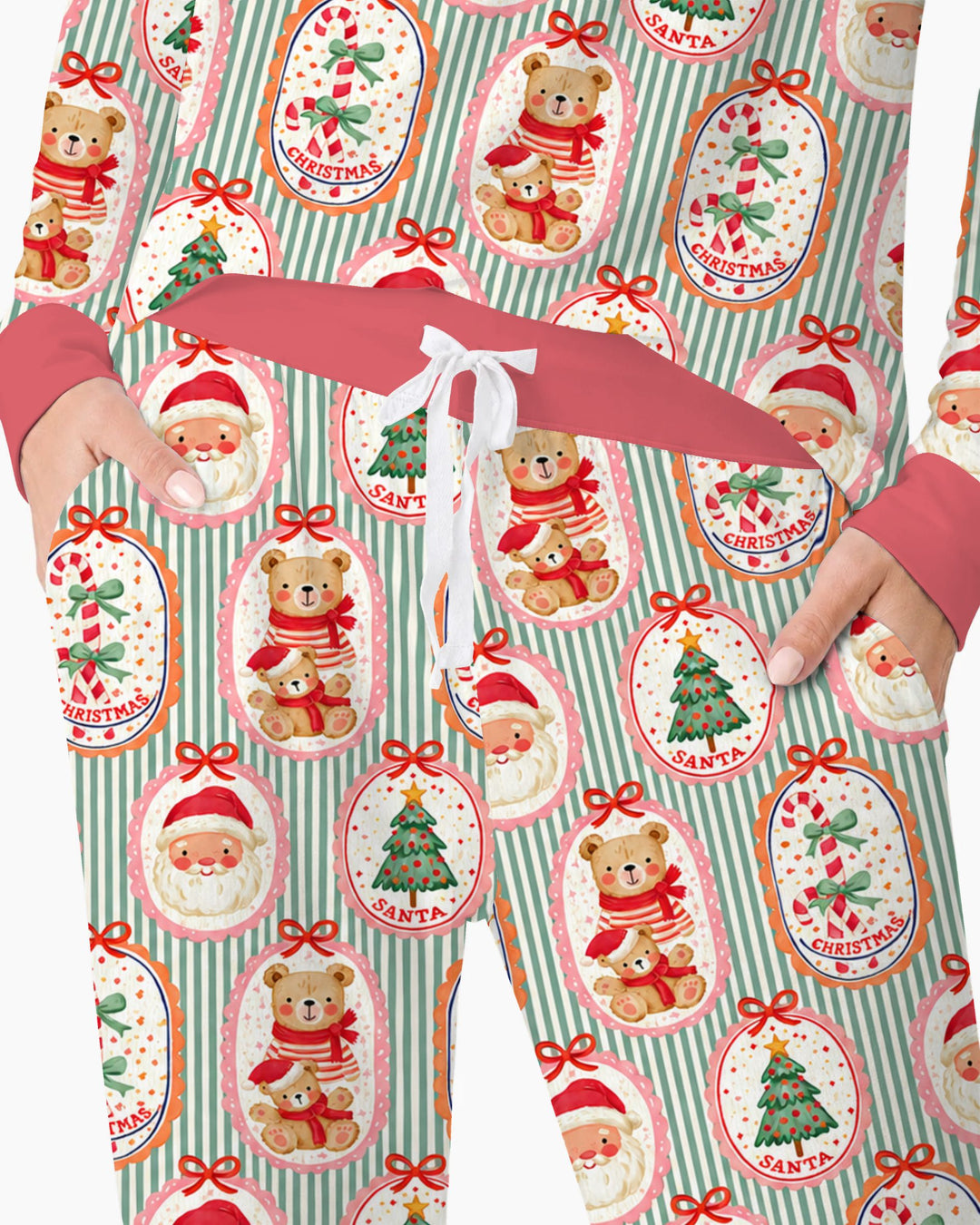 Vintage Santa Christmas Gift Tags Seamless Pattern Bamboo Women Pajama Set