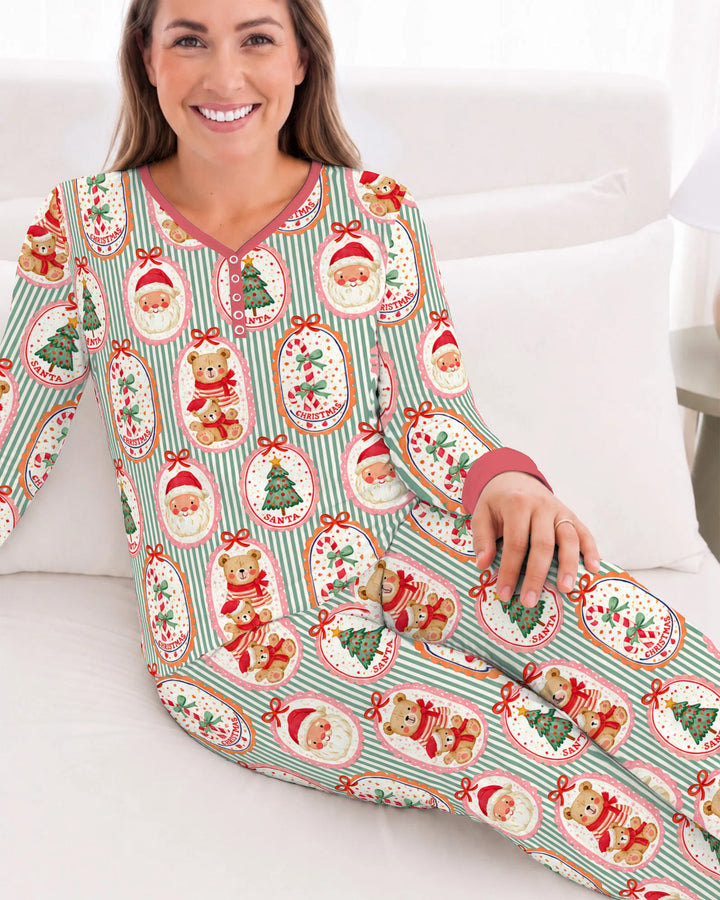 Vintage Santa Christmas Gift Tags Seamless Pattern Bamboo Women Pajama Set