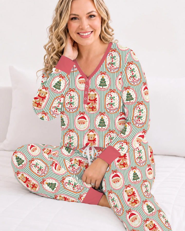 Vintage Santa Christmas Gift Tags Seamless Pattern Bamboo Women Pajama Set
