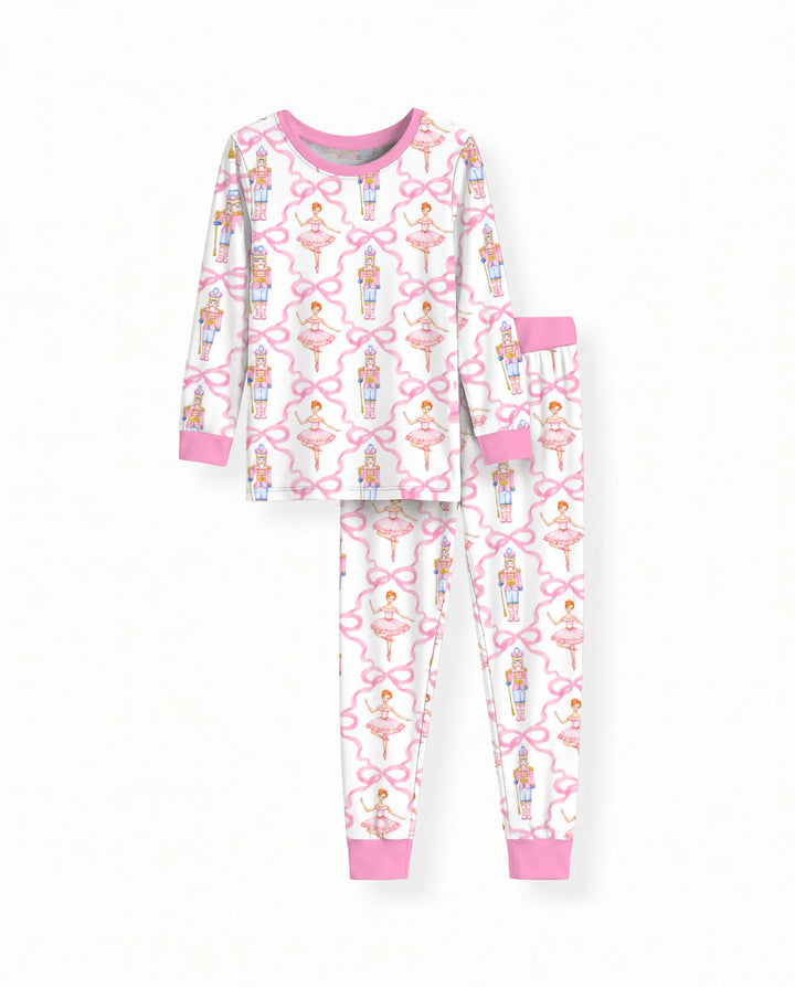 Pink Nutcracker Ballerina Bow Seamless Pattern Bamboo Two Piece Long Sleeve Pajama Set