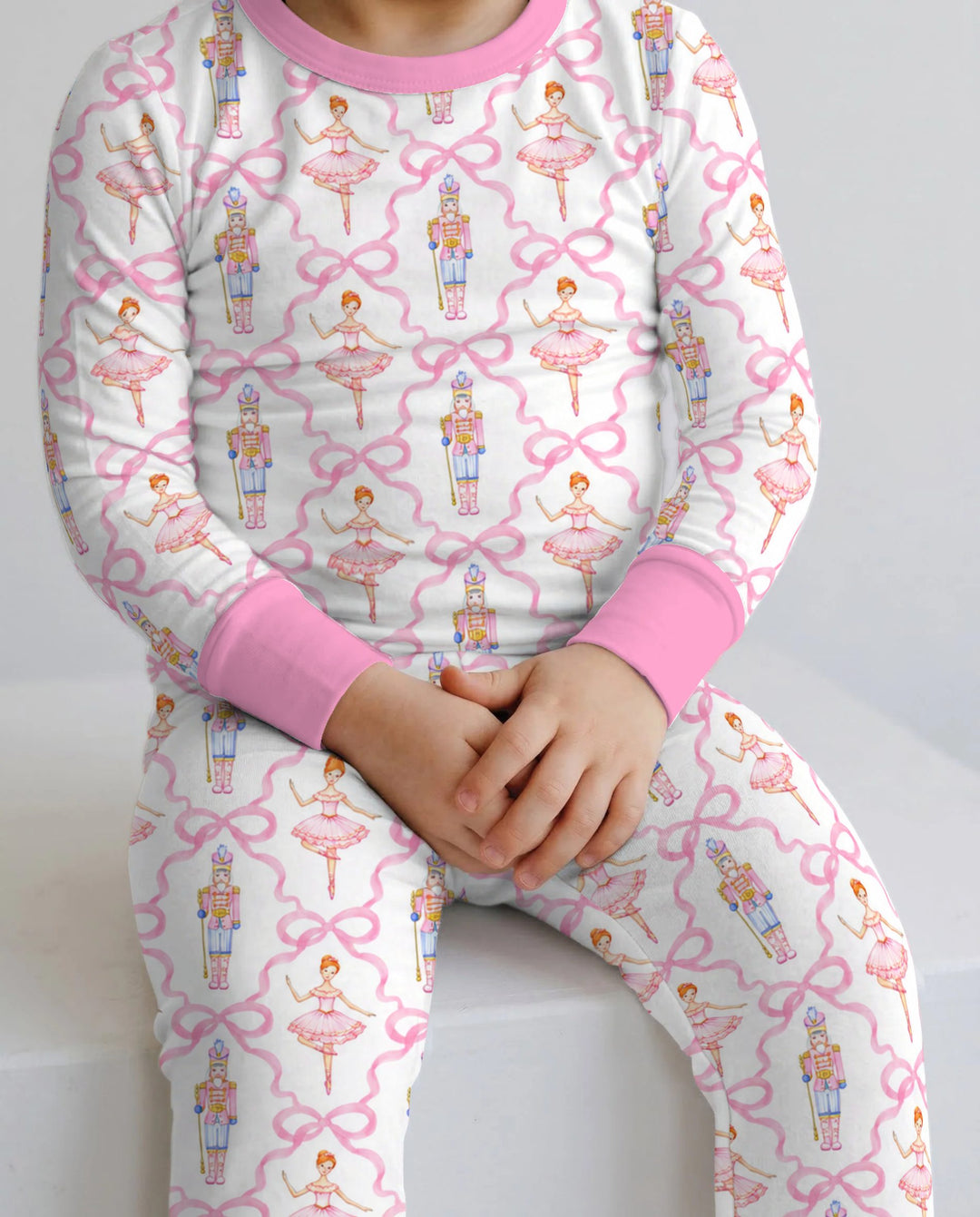 Pink Nutcracker Ballerina Bow Seamless Pattern Bamboo Two Piece Long Sleeve Pajama Set