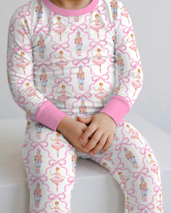 Pink Nutcracker Ballerina Bow Seamless Pattern Bamboo Two Piece Long Sleeve Pajama Set