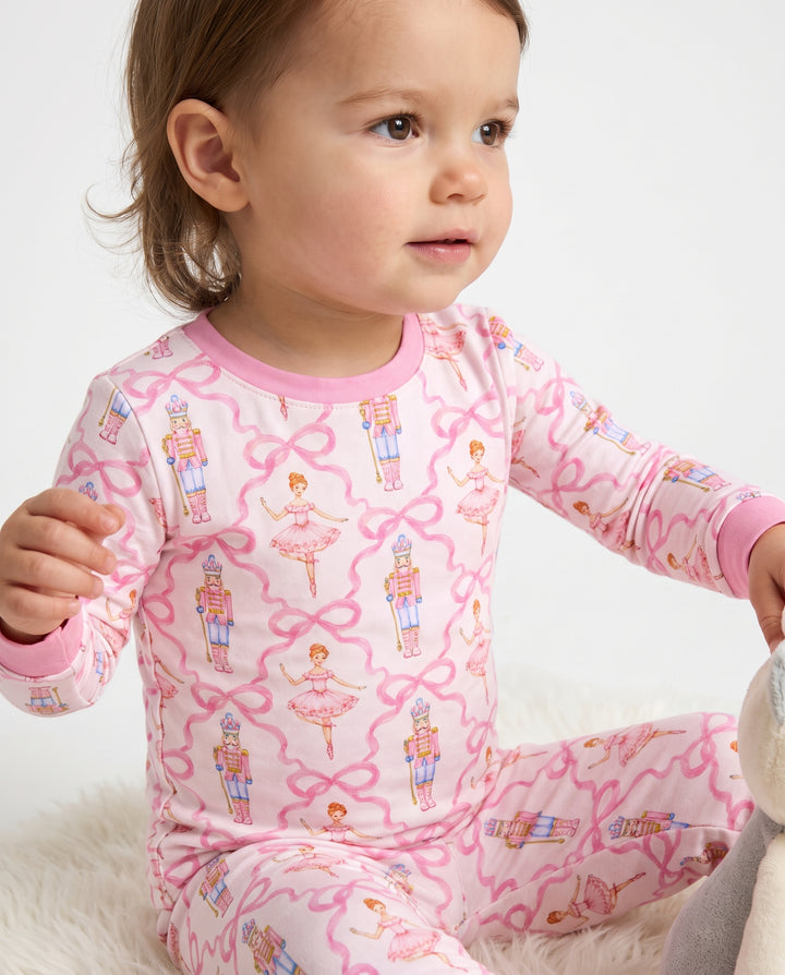Pink Nutcracker Ballerina Bow Seamless Pattern Bamboo Two Piece Long Sleeve Pajama Set