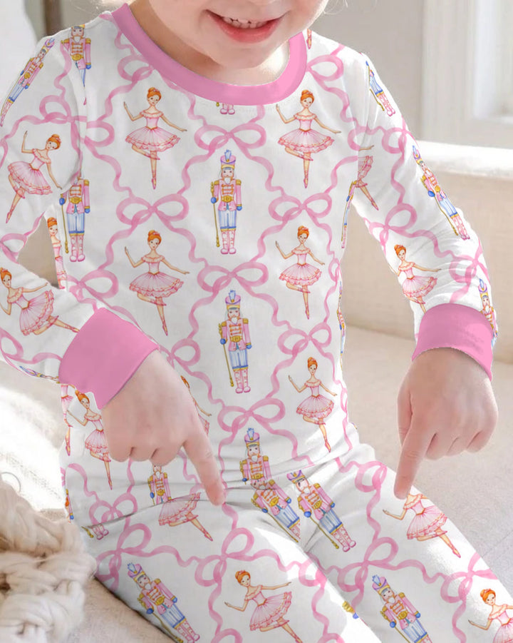 Pink Nutcracker Ballerina Bow Seamless Pattern Bamboo Two Piece Long Sleeve Pajama Set