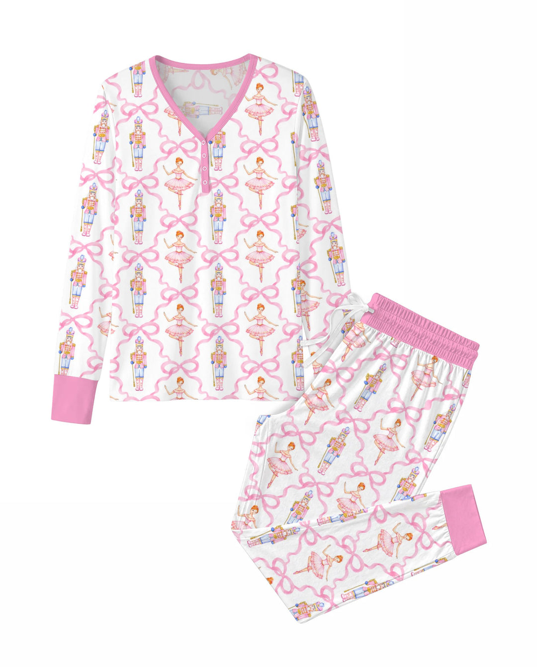 Pink Nutcracker Ballerina Bow Seamless Pattern Bamboo Women Pajama Set