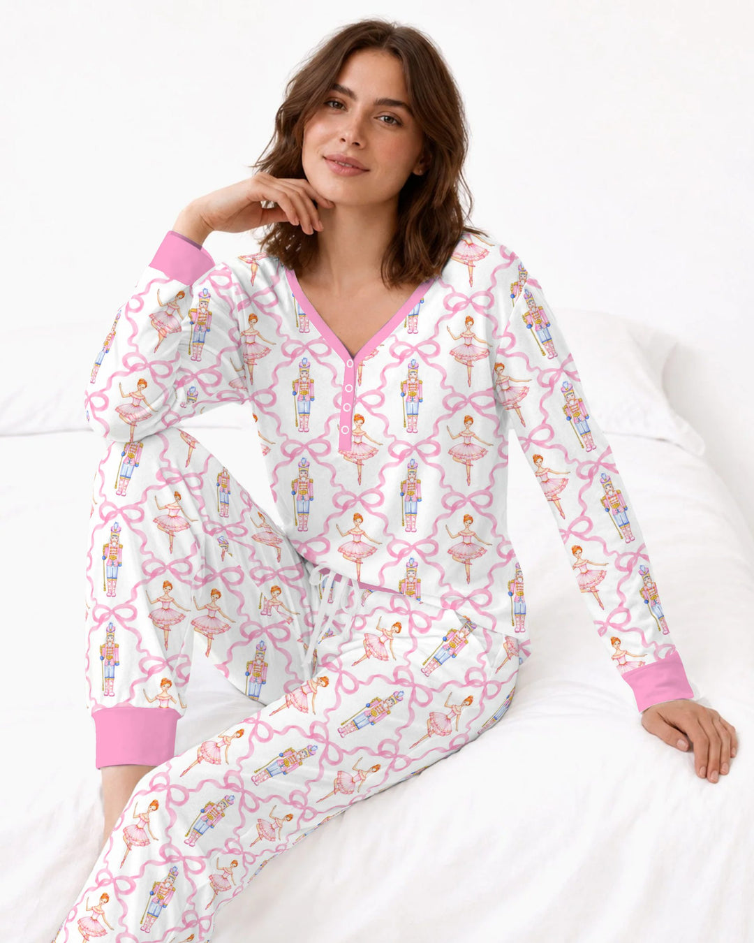Pink Nutcracker Ballerina Bow Seamless Pattern Bamboo Women Pajama Set
