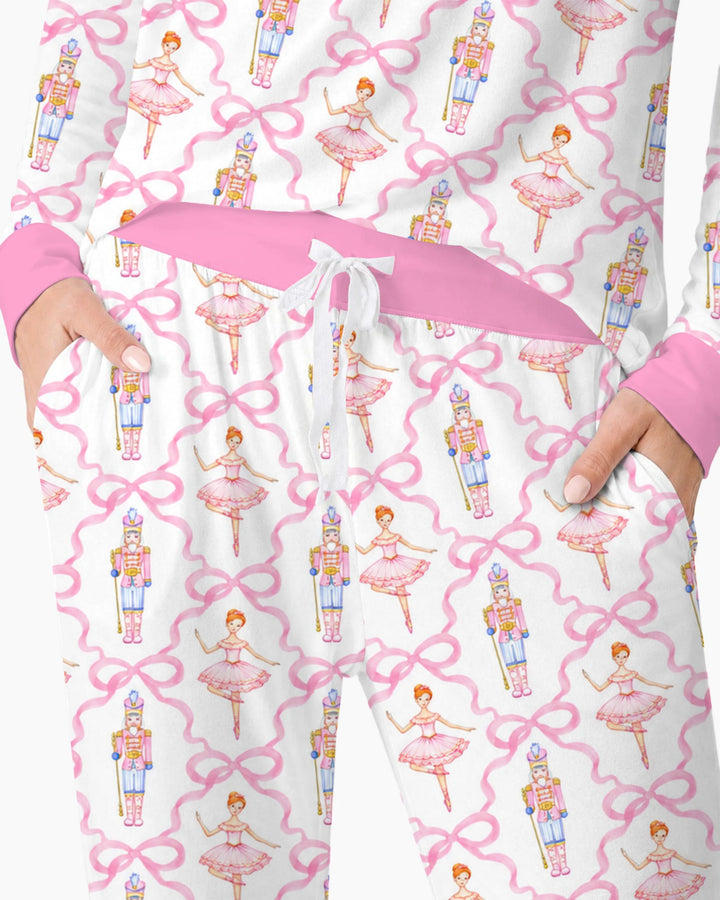 Pink Nutcracker Ballerina Bow Seamless Pattern Bamboo Women Pajama Set