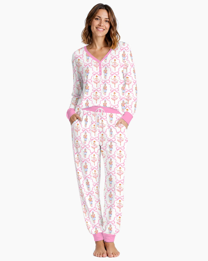 Pink Nutcracker Ballerina Bow Seamless Pattern Bamboo Women Pajama Set