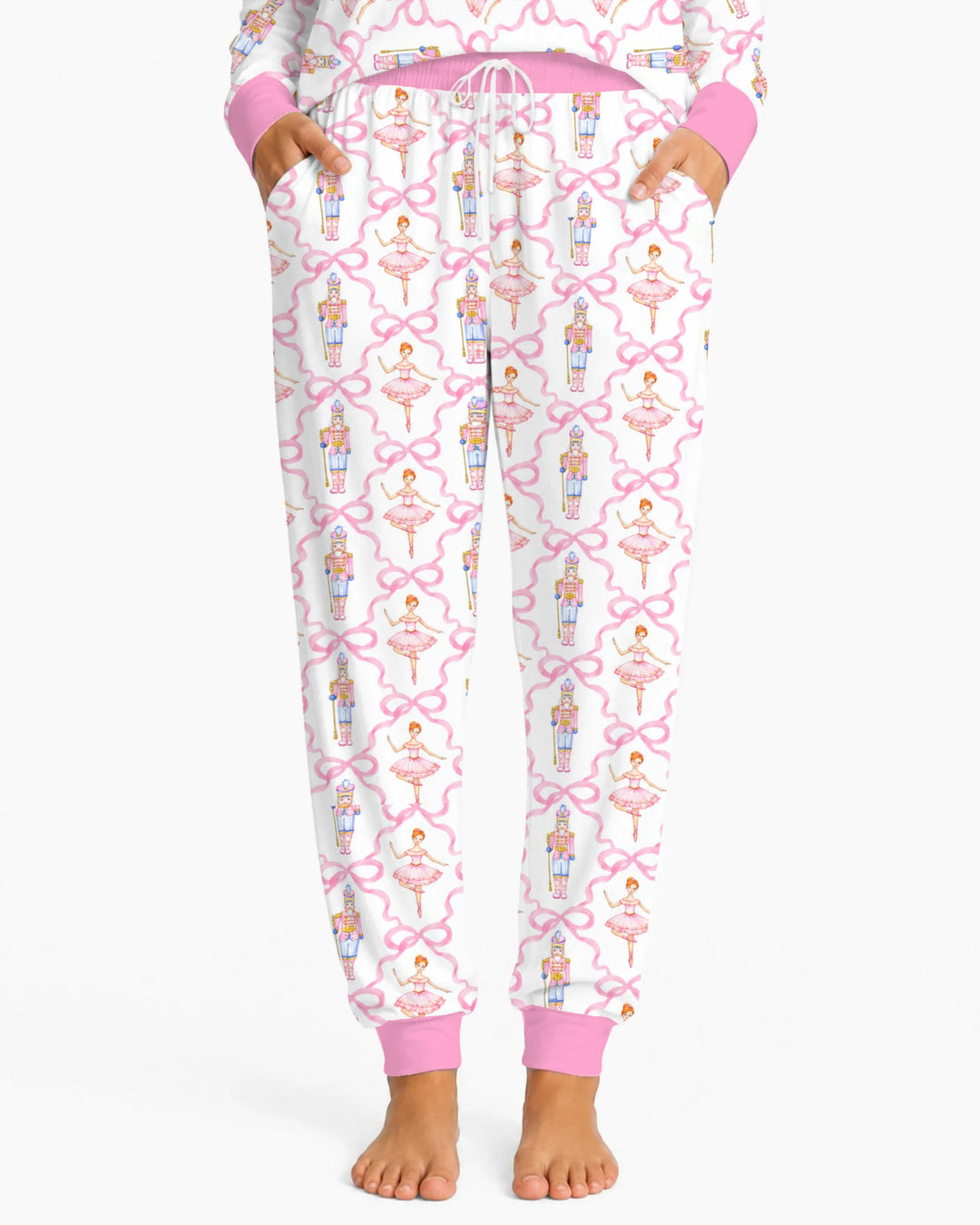 Pink Nutcracker Ballerina Bow Seamless Pattern Bamboo Women Pajama Set