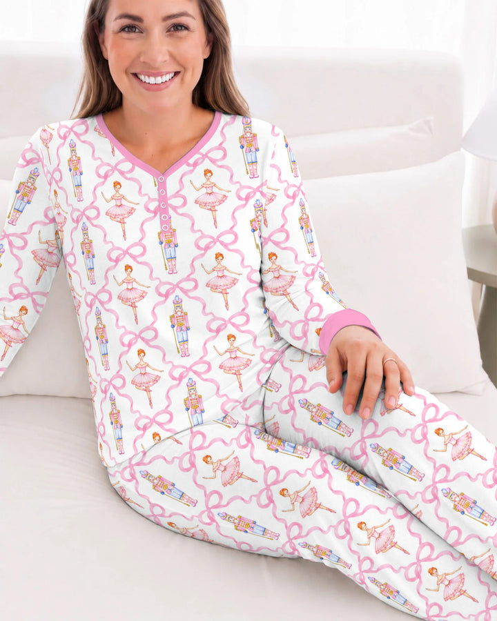 Pink Nutcracker Ballerina Bow Seamless Pattern Bamboo Women Pajama Set