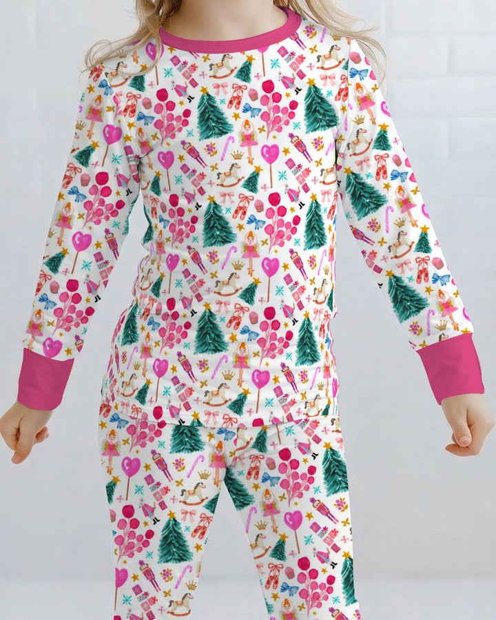 Whimsical Pink Nutcracker Christmas Doodle Seamless Pattern Bamboo Two Piece Long Sleeve Pajama Set