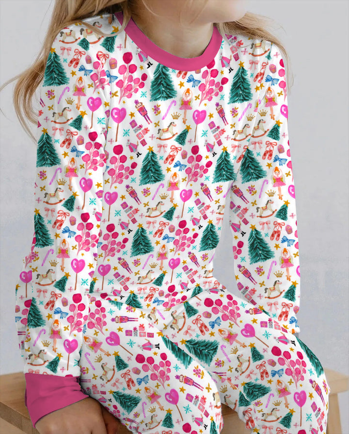 Whimsical Pink Nutcracker Christmas Doodle Seamless Pattern Bamboo Two Piece Long Sleeve Pajama Set