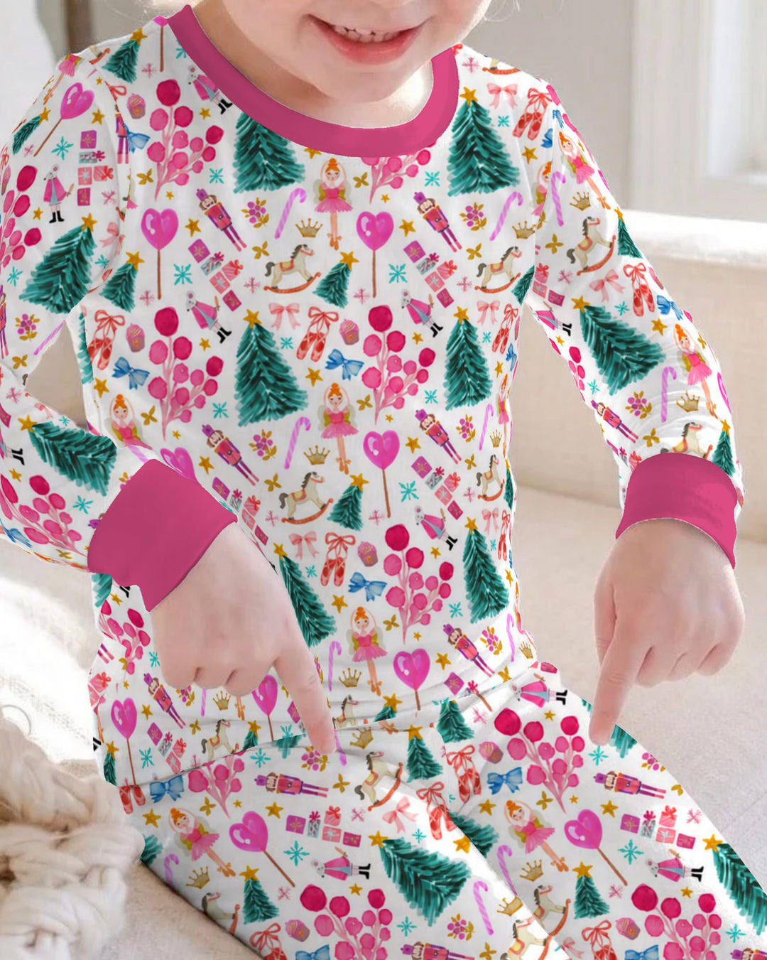 Whimsical Pink Nutcracker Christmas Doodle Seamless Pattern Bamboo Two Piece Long Sleeve Pajama Set