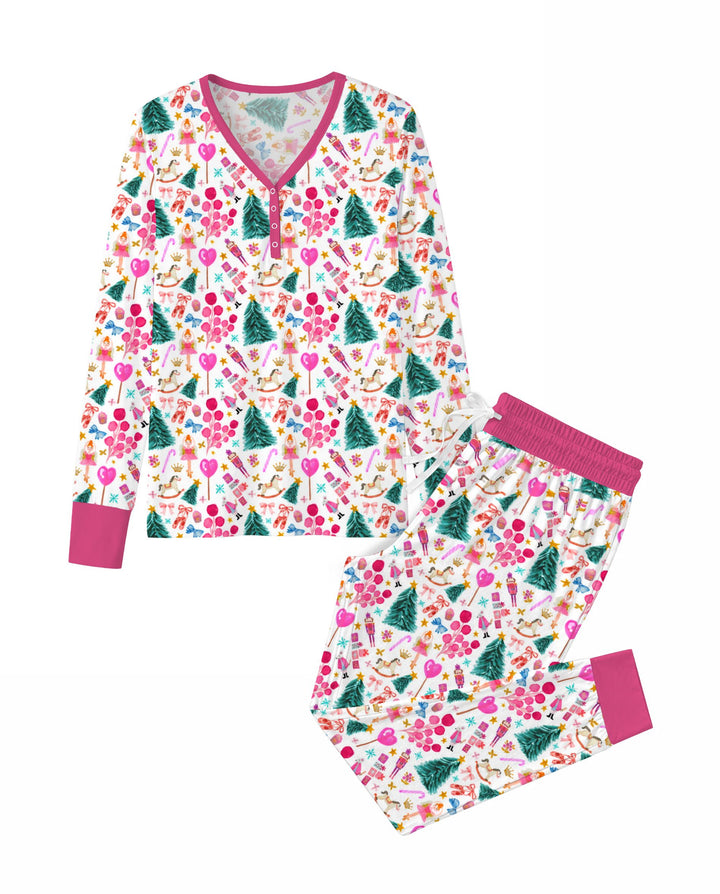 Whimsical Pink Nutcracker Christmas Doodle Seamless Pattern Bamboo Women Pajama Set