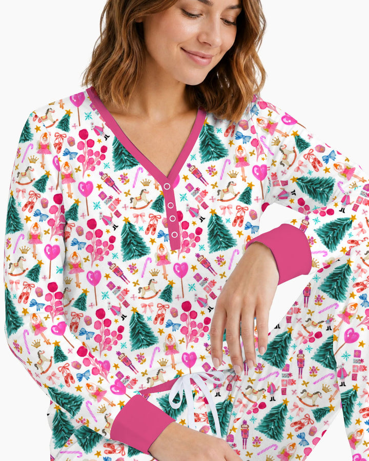 Whimsical Pink Nutcracker Christmas Doodle Seamless Pattern Bamboo Women Pajama Set