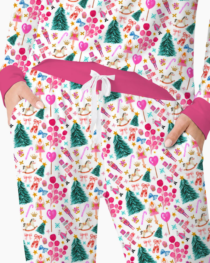 Whimsical Pink Nutcracker Christmas Doodle Seamless Pattern Bamboo Women Pajama Set