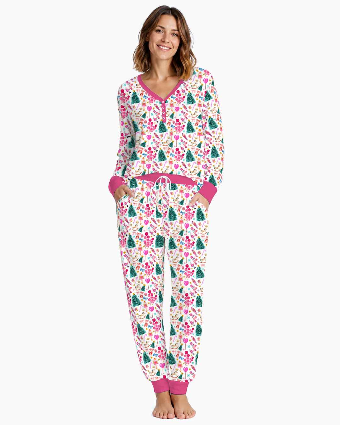 Whimsical Pink Nutcracker Christmas Doodle Seamless Pattern Bamboo Women Pajama Set