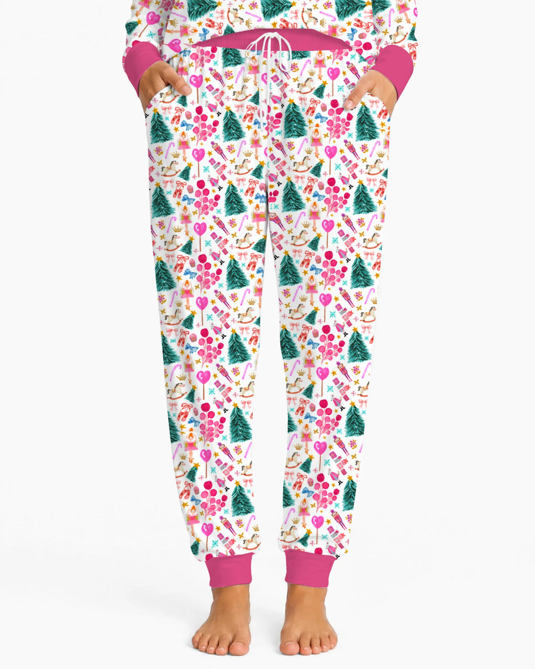 Whimsical Pink Nutcracker Christmas Doodle Seamless Pattern Bamboo Women Pajama Set